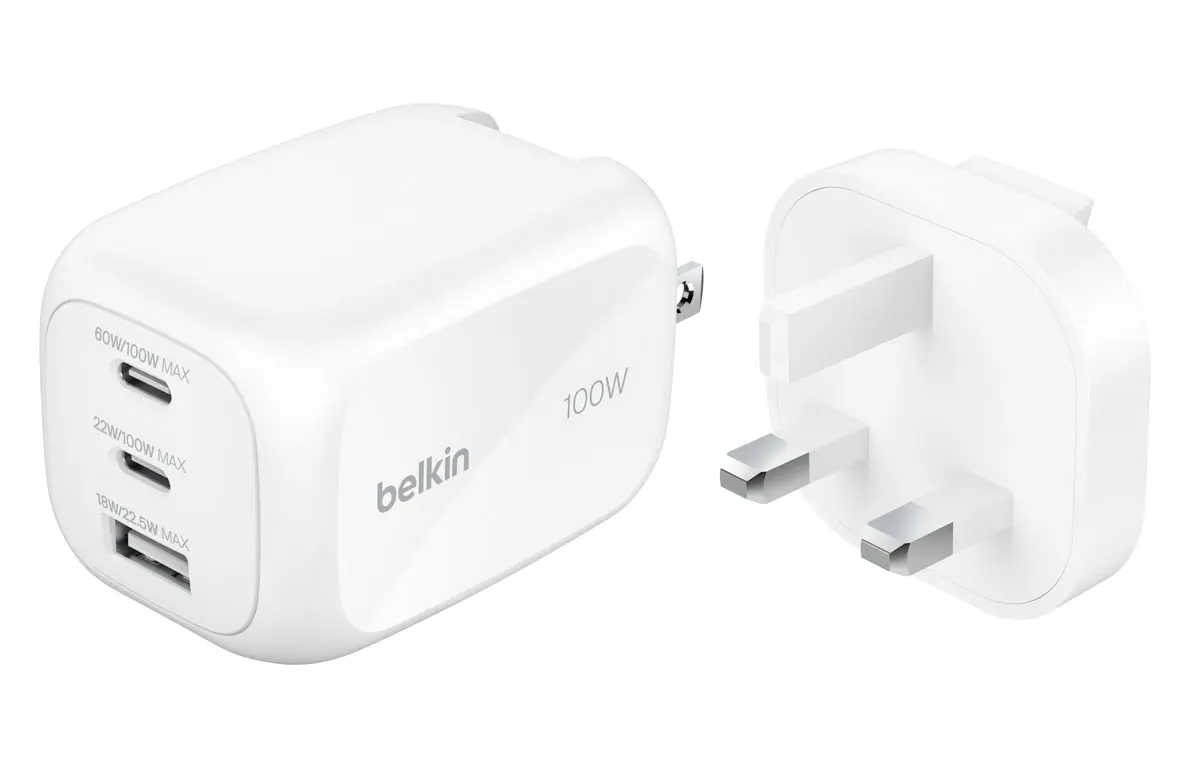 Belkin BOOSTCHARGE Pro USB-C/A 100W GaN 3-port Charger + UK/EU Travel kit White