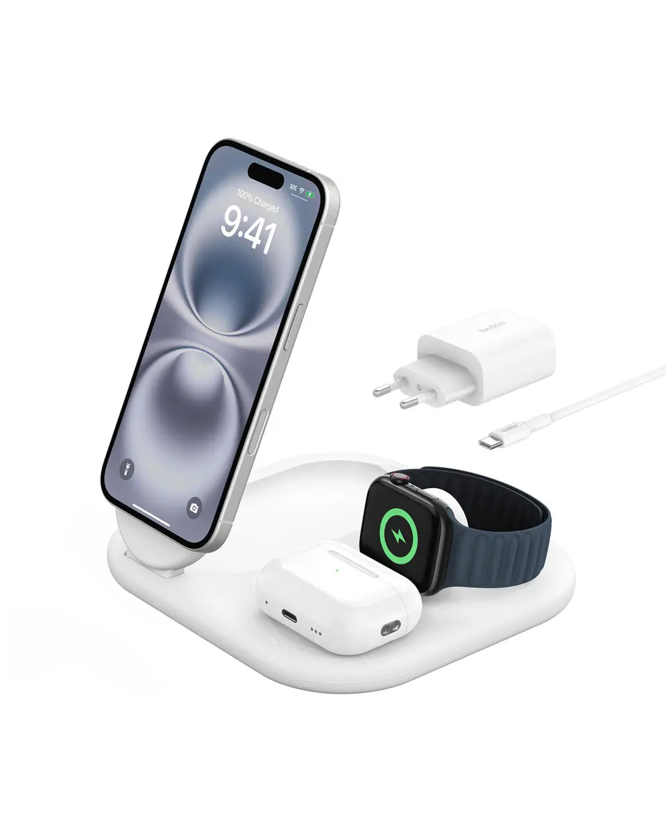 Belkin BOOSTCHARGE 3-in-1 Magnetic Wireless QI2 15W Charging Dock White