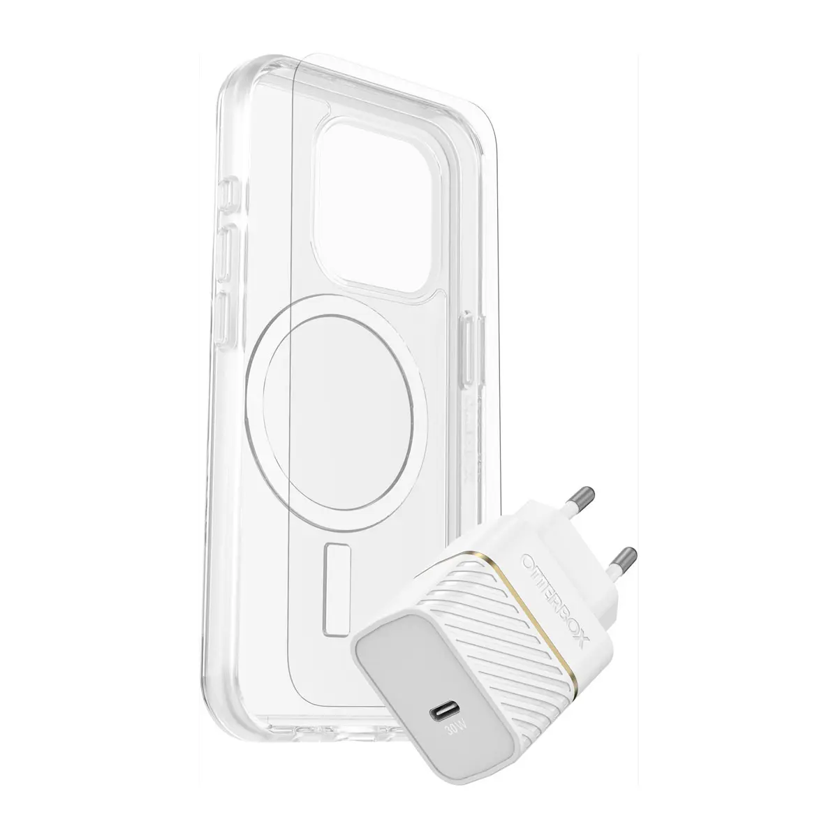 OtterBox Bundle Kit for iPhone 15 Pro - Symmetry Clear Case w/MagSafe, Premium Glass, USB-C 30W Wall Charger White